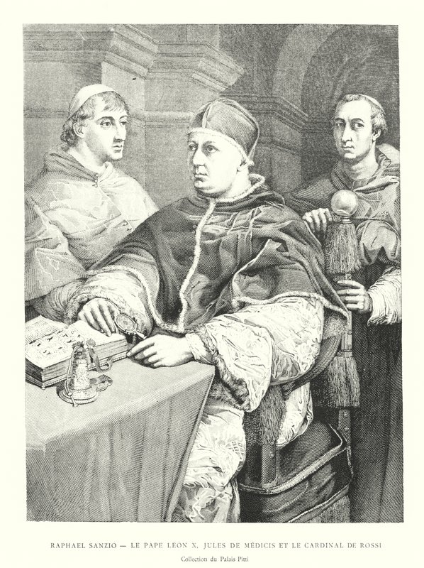 Raphaël Sanzio, Le Pape Léon X, Jules de Médicis et le Cardinal de Rossi, Collection du Palais Pitti (gravure) - Italian School
