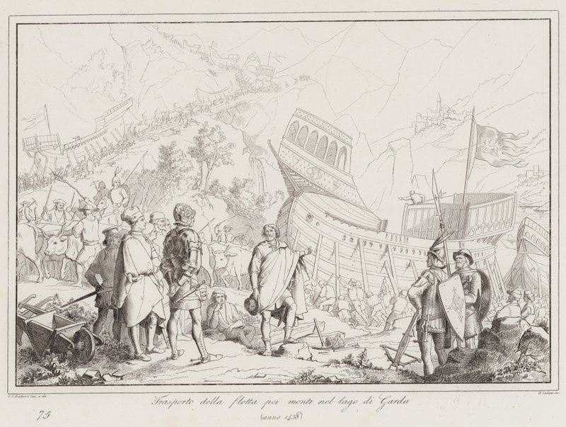 Transport de la flotte par les montagnes dans le lac de Garde - Italian School