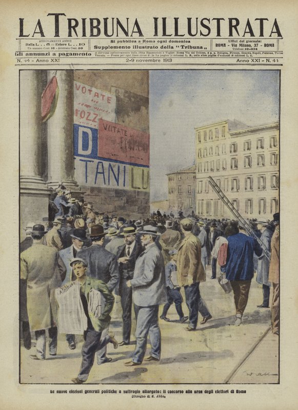 Électeurs se rendant aux urnes lors des élections générales italiennes à Rome (lithographie couleur) - Italian School