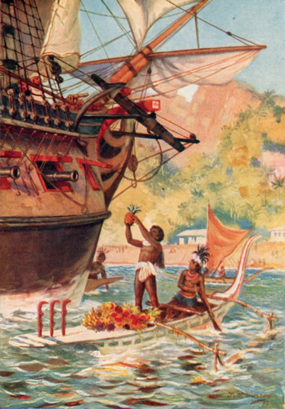 Les insulaires des Marquises échangeant des fruits avec l