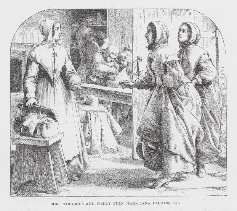 Mme Timorous et Mercy trouvent Christiana en train de faire ses bagages - James Dawson Watson