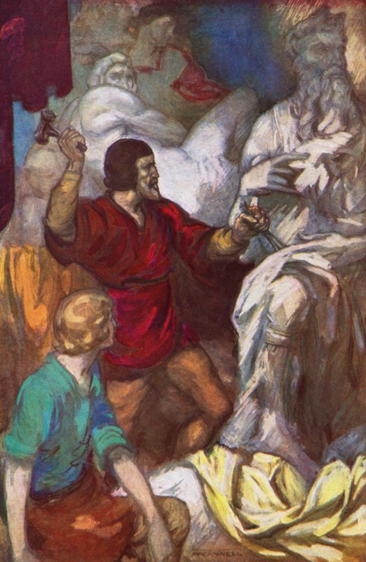 Michel-Ange sculptant Moïse dans le rocher (lithographie couleur) - James Edwin McConnell