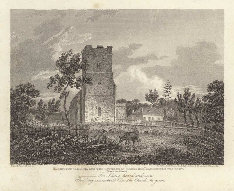 Robert Bloomfield, poète : Église de Honington et le cottage où Robert Bloomfield est né (gravure) - James Storer