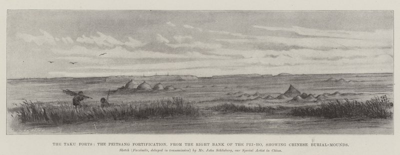Les Forts de Taku, la Fortification de Peitsang, depuis la Rive Droite du Pei-ho, montrant des Tertres Funéraires Chinois - Johann Nepomuk Schonberg