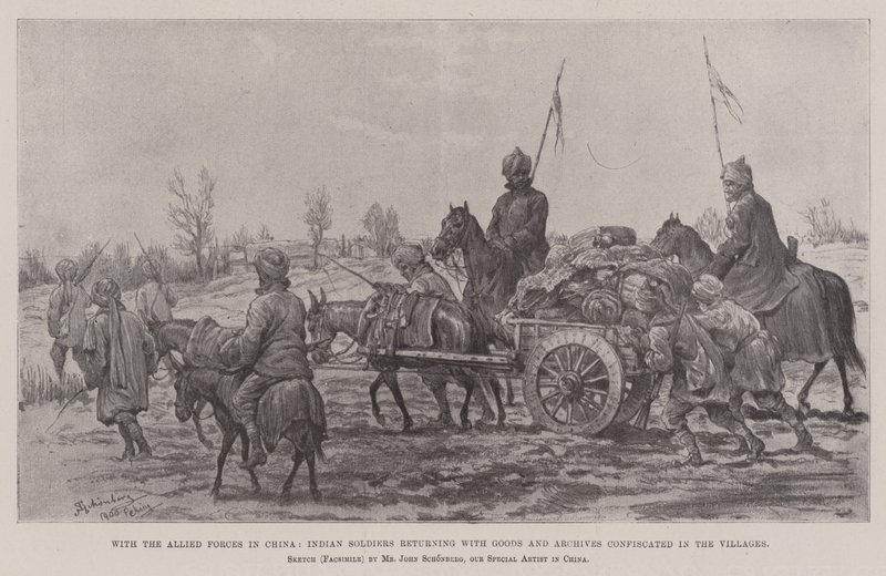 Avec les forces alliées en Chine, soldats indiens revenant avec des biens et des archives confisqués dans les villages - Johann Nepomuk Schonberg