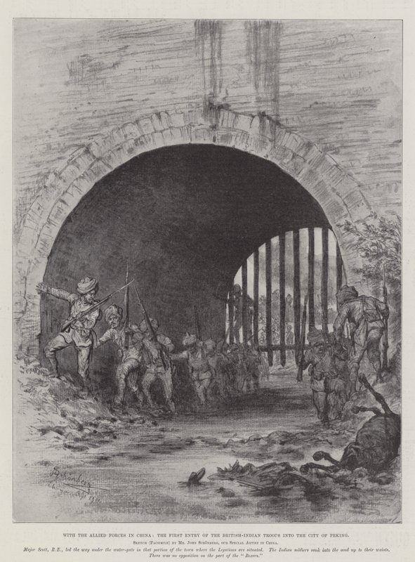 Avec les forces alliées en Chine, la première entrée des troupes britanniques-indiennes dans la ville de Pékin - Johann Nepomuk Schonberg