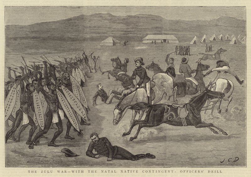 La guerre zouloue, avec le contingent natal indigène, exercice des officiers - John Charles Dollman