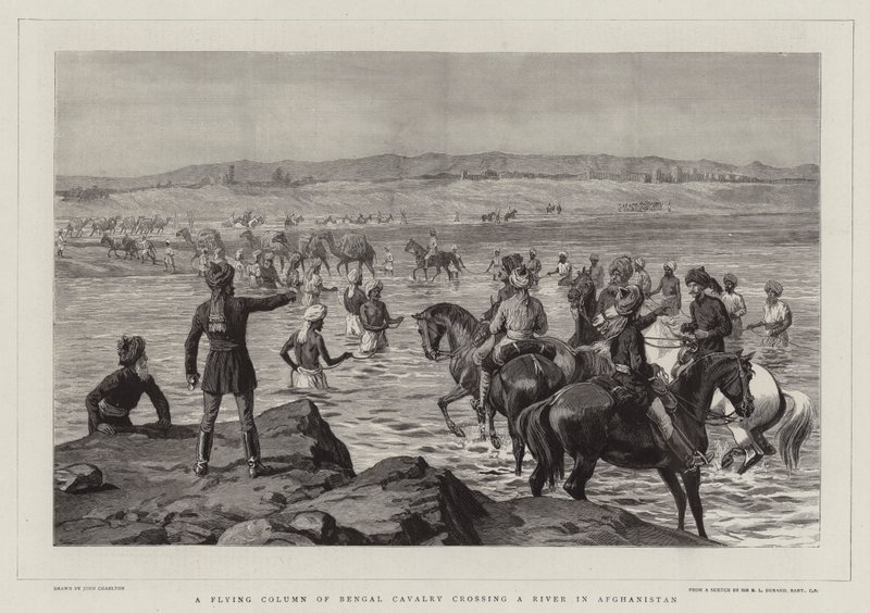 Une colonne volante de cavalerie bengalie traversant une rivière en Afghanistan - John Charlton