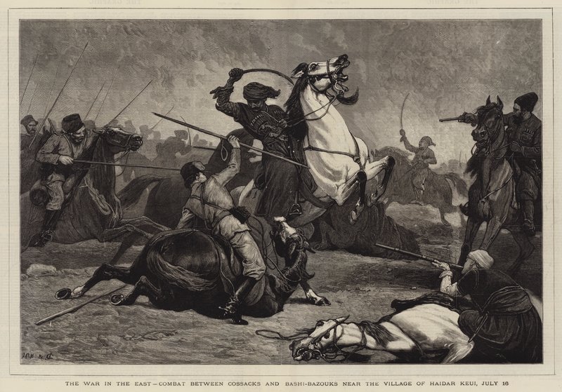 La guerre en Orient, combat entre cosaques et bachi-bouzouks près du village de Haidar Keui, 16 juillet - John Charlton