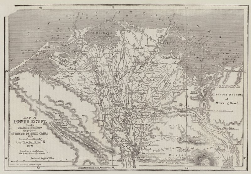 Carte du Bas-Égypte, montrant les lignes de chemin de fer et le projet de canal de Suez - John Dower