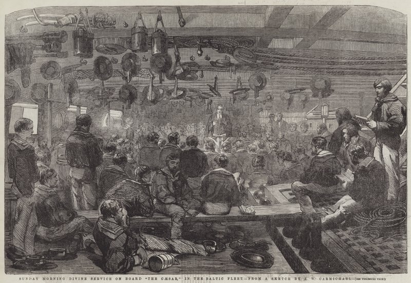 Service divin du dimanche matin à bord du César, dans la flotte de la Baltique - John Wilson Carmichael