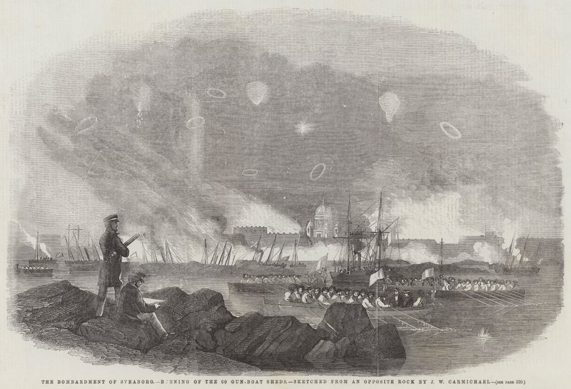 Le bombardement de Sveaborg, incendie des 60 hangars à canonnières, esquissé depuis un rocher opposé - John Wilson Carmichael