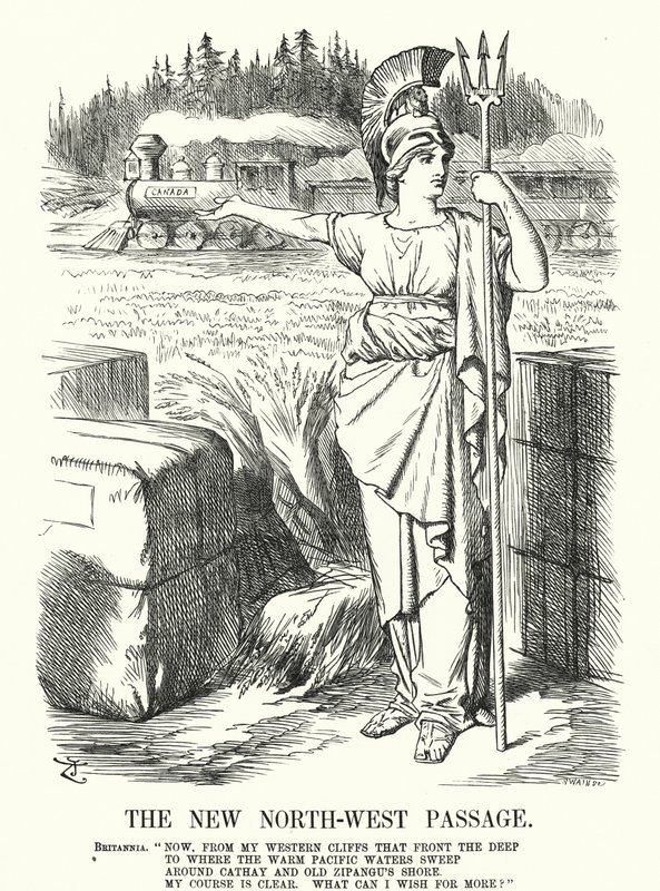 Caricature de Punch : Le nouveau passage du Nord-Ouest - le chemin de fer Canadien Pacifique - John (after) Tenniel