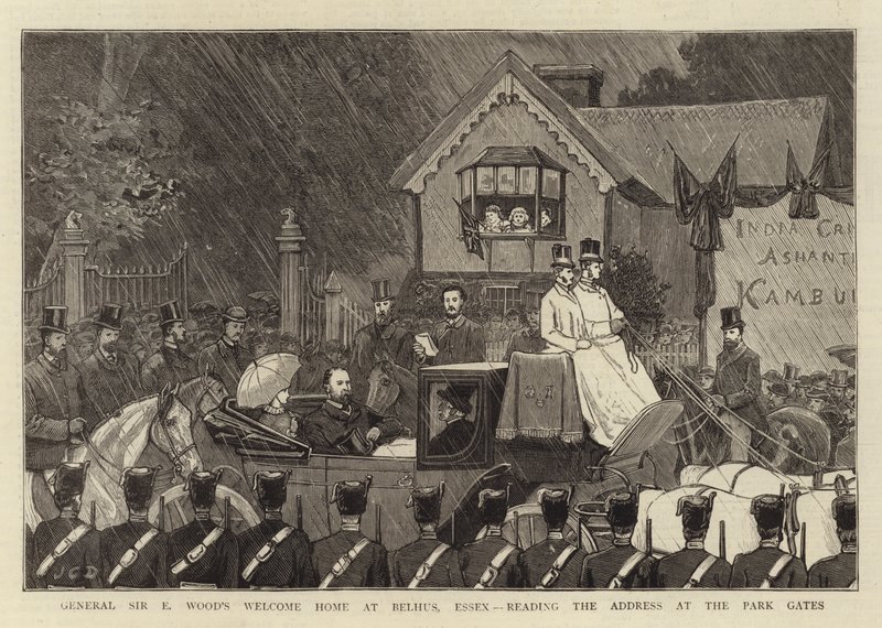 Accueil du général Sir E Wood à Belhus, Essex, lecture de l