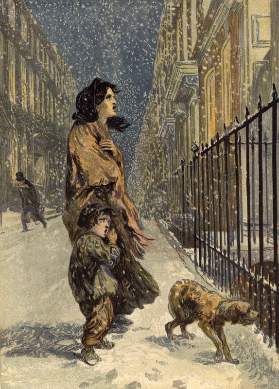 Les pauvres sans-abri, mère et enfant avec un chien dans la neige - John Gilbert