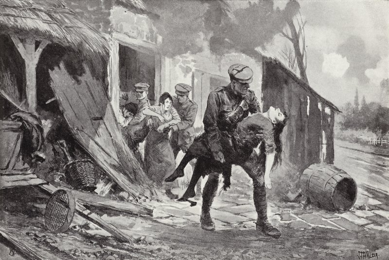 Le canonnier J Rafferty portant une femme blessée en sécurité depuis une ferme bombardée, Première Guerre mondiale - John Harris Valda
