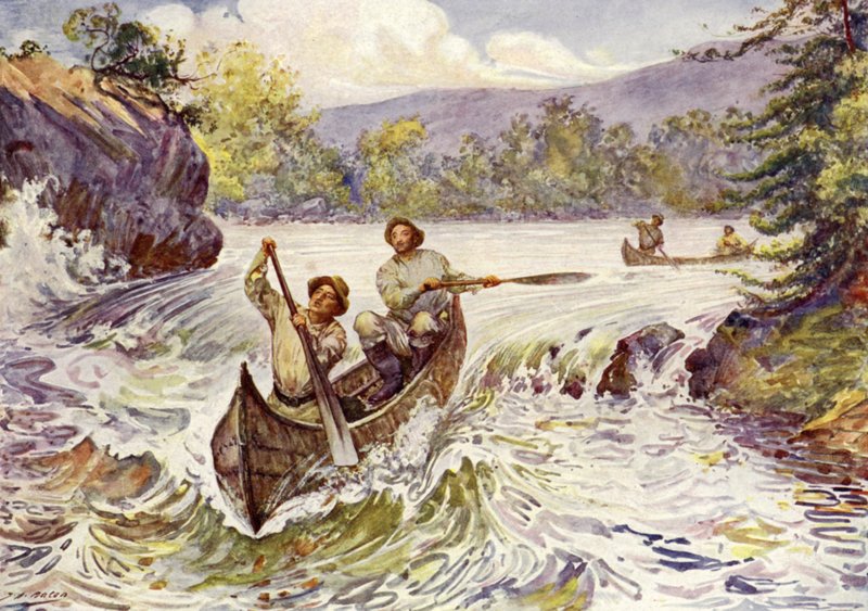 Canadiens descendant des rapides en canoës - John Henry Frederick (after) Bacon