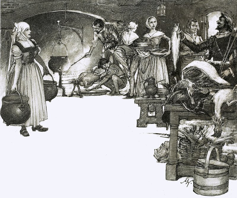 Cuisiner sur un feu ouvert dans une cuisine élisabéthaine - John Millar Watt