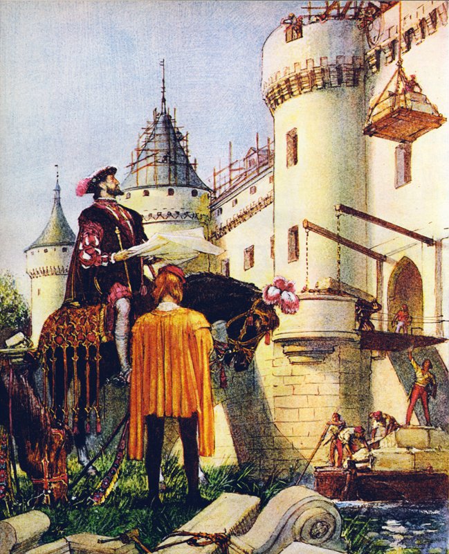 Le roi François Ier de France supervisant la construction de châteaux (lithographie couleur) - John Millar Watt