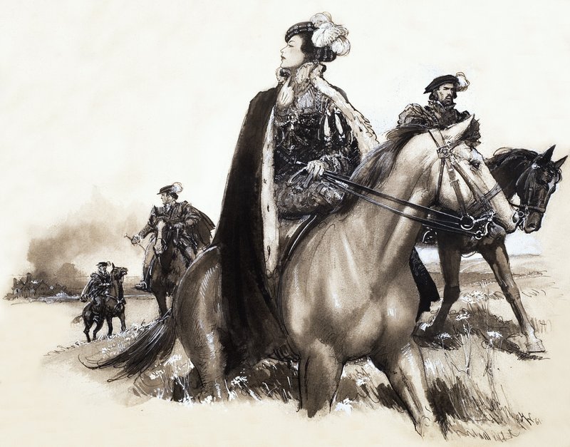Reine non identifiée quittant une ville enfumée sous escorte - John Millar Watt