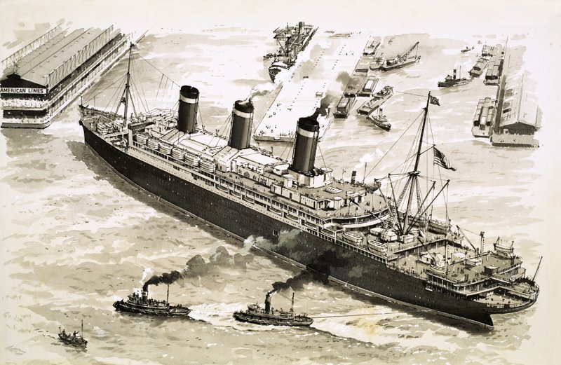 Le navire à vapeur Leviathan est poussé par des remorqueurs vers une jetée dans le port de New York. - John S. Smith