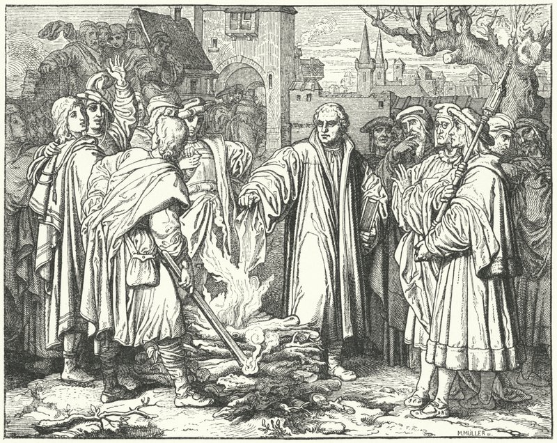 Martin Luther brûlant la bulle papale à Wittenberg, 1520 - Josef Mathias Trenkwald