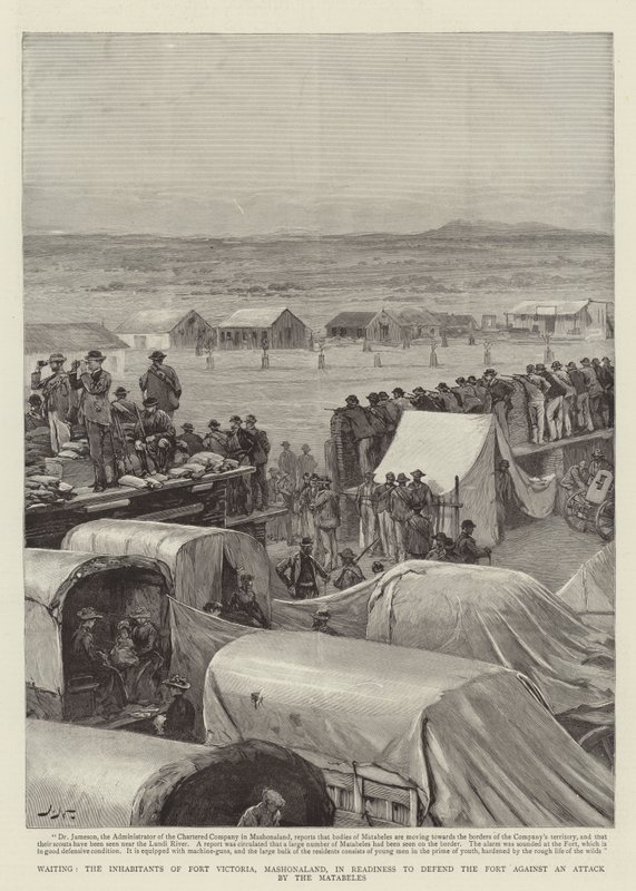 En attente, les habitants du Fort Victoria, Mashonaland, prêts à défendre le fort contre une attaque des Matabeles - Joseph Nash
