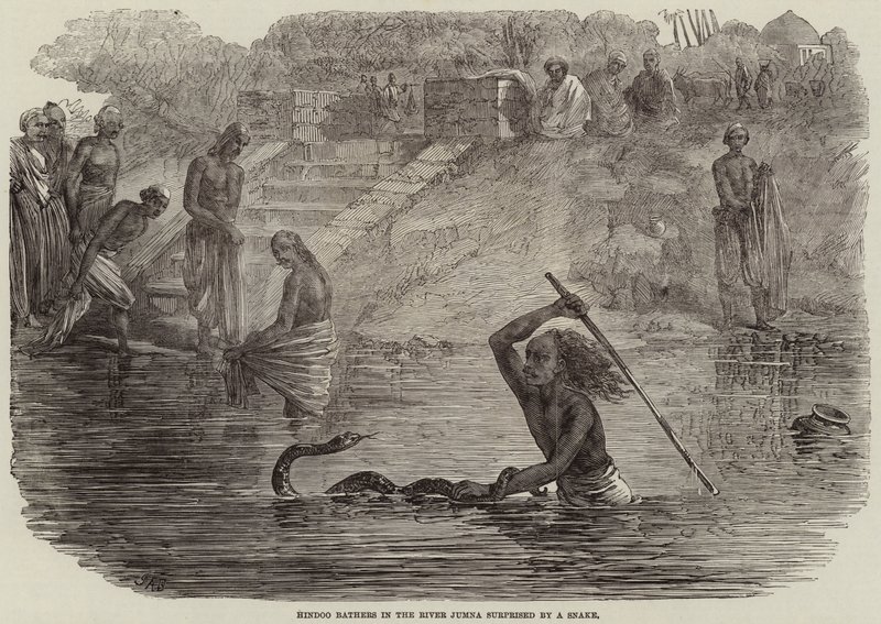 Baigneurs hindous dans la rivière Jumna surpris par un serpent - Joseph Austin Benwell