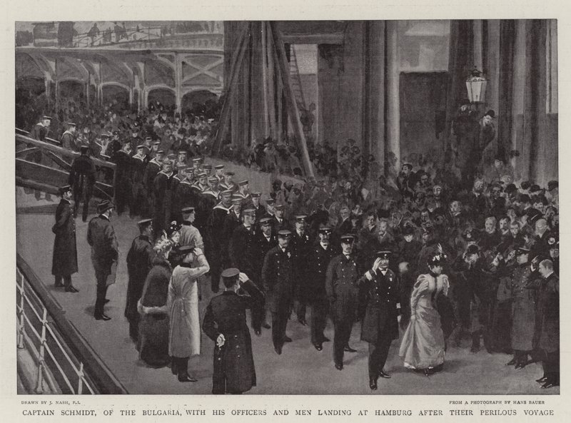 Capitaine Schmidt, du Bulgaria, avec ses officiers et hommes débarquant à Hambourg après leur voyage périlleux - Joseph Nash