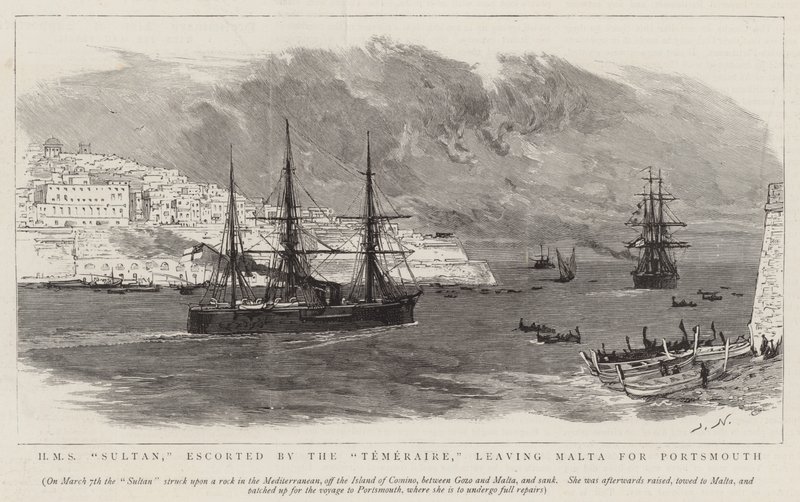 HMS Sultan, escorté par le Temeraire, quittant Malte pour Portsmouth - Joseph Nash