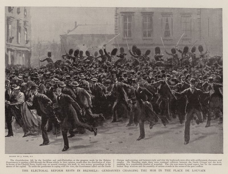 Les émeutes pour la réforme électorale à Bruxelles, les gendarmes chargeant la foule sur la place de Louvain - Joseph Nash
