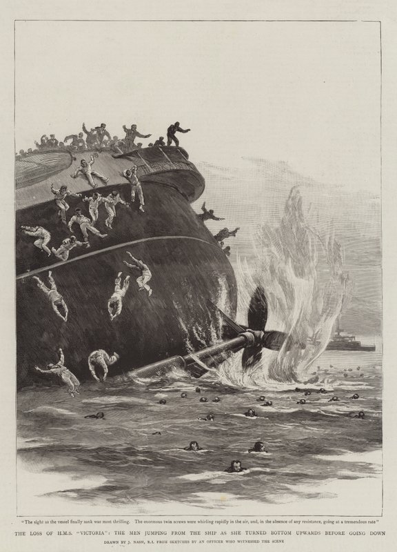 La perte du HMS Victoria, les hommes sautant du navire alors qu