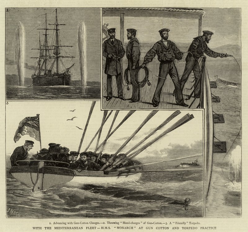Avec la flotte méditerranéenne, H M S Monarch à la pratique du coton-poudre et des torpilles - Joseph Nash