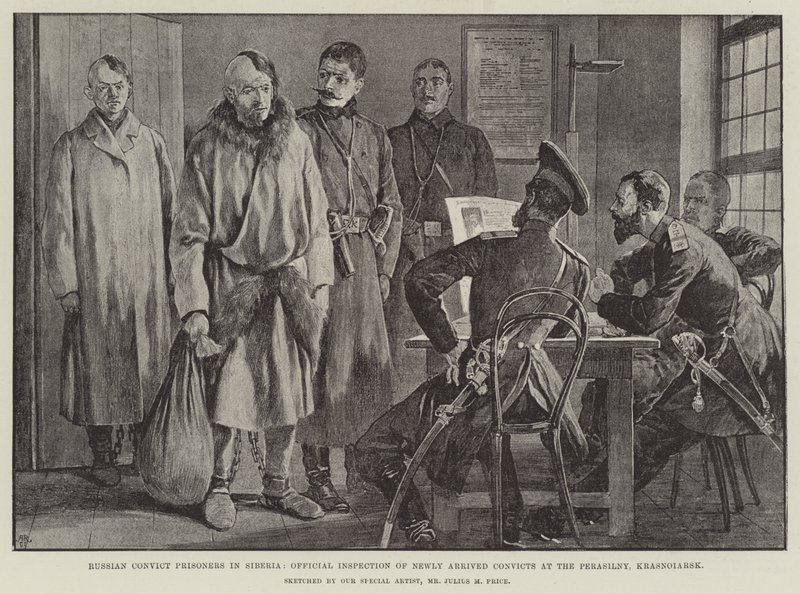 Prisonniers de droit commun russes en Sibérie, inspection officielle des nouveaux arrivants au Perasilny, Krasnoiarsk - Julius Mandes Price