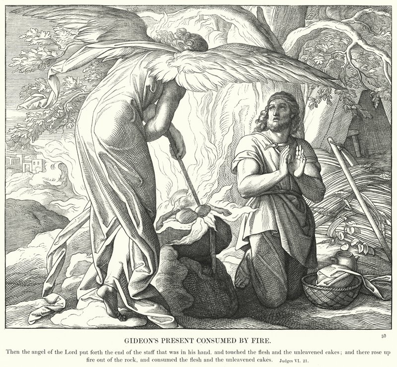 Le présent de Gédéon consumé par le feu (gravure) - Julius (after) Schnorr von Carolsfeld