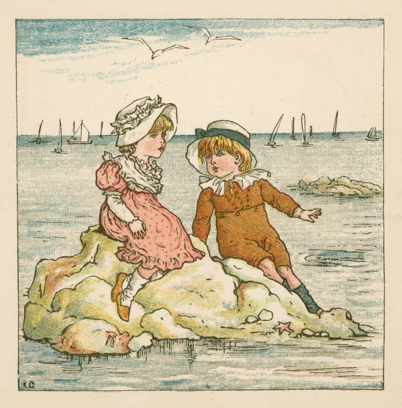 Garçon et fille échoués sur un rocher (lithographie en couleur) - Kate (after) Greenaway