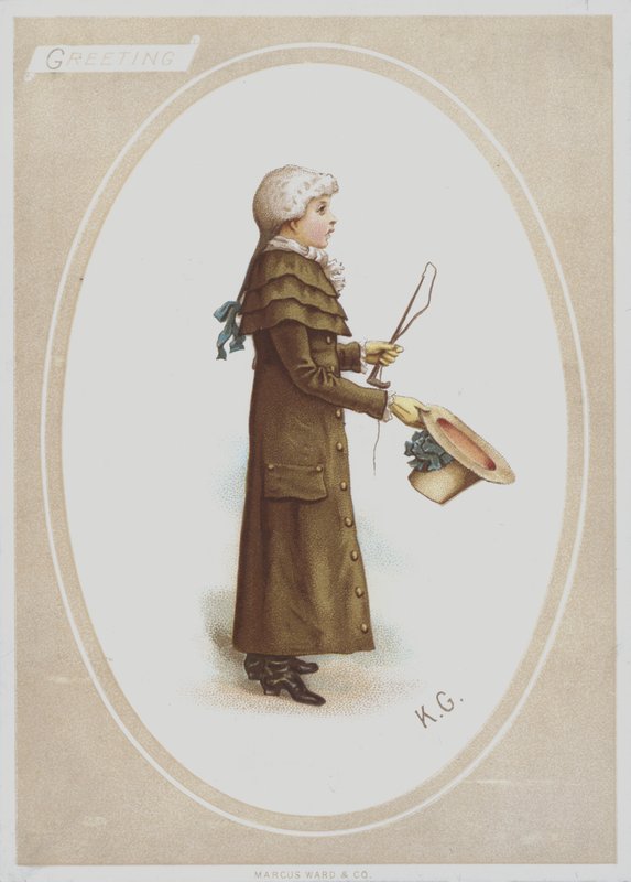 Garçon en long manteau marron, avec perruque, tenant un chapeau et un fouet de chasse - Kate (after) Greenaway
