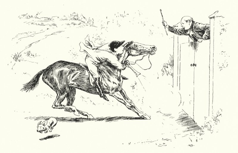 Un homme est allé chasser à Reigate, et a voulu sauter par-dessus une haute porte (gravure) - Leonard Leslie Brooke