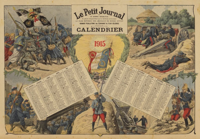 Calendrier pour 1915, avec des scènes de champs de bataille de la Première Guerre mondiale - Louis Charles (after) Bombled