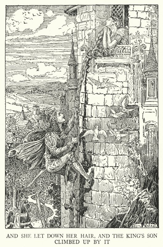 Et elle laissa tomber ses cheveux, et le fils du roi grimpa par eux - Louis John Rhead