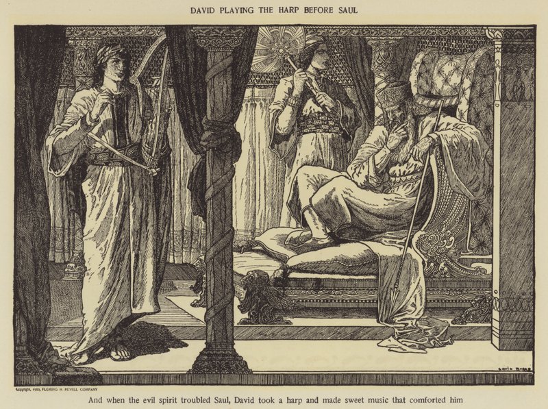 David jouant de la harpe devant Saül - Louis John Rhead