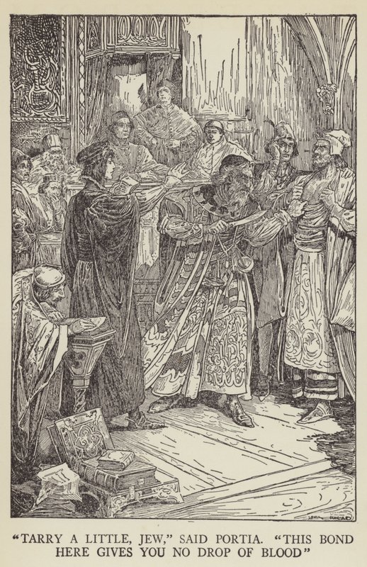 Attendez un peu, Juif, dit Portia, ce contrat ici ne vous donne pas une goutte de sang - Louis John Rhead