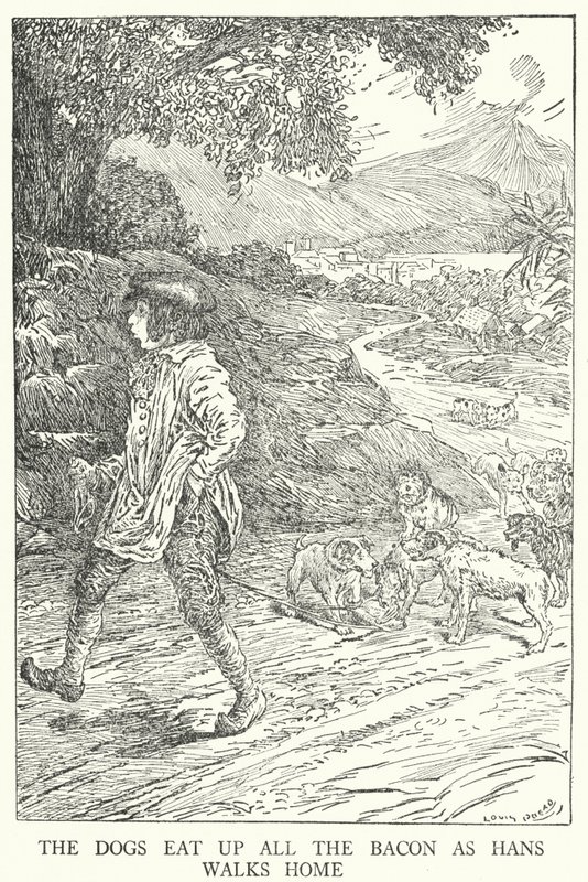 Les chiens mangent tout le bacon alors que Hans rentre chez lui - Louis John Rhead