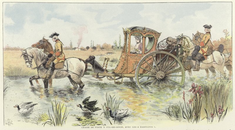 Une femme chevauchant dans une calèche traversant une rivière - Louis Vallet