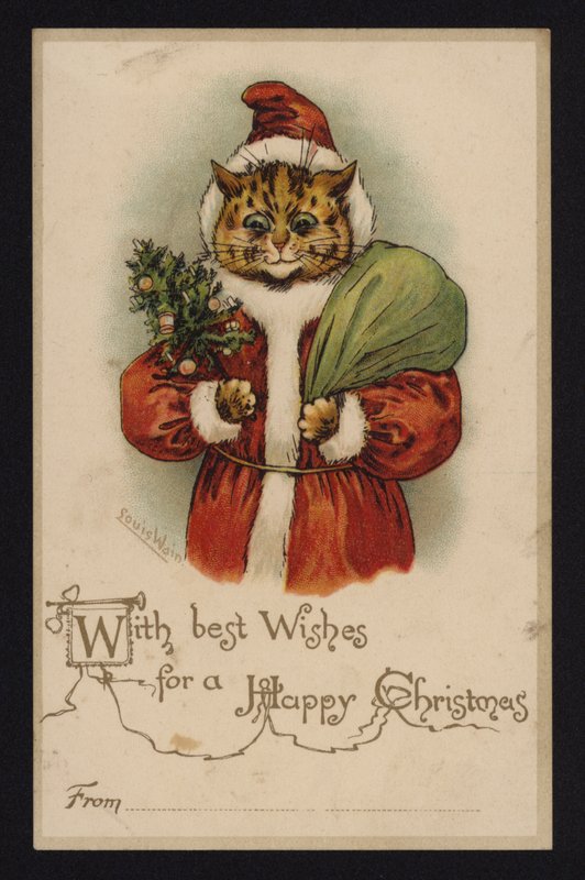 Chat en Père Noël, carte de vœux de Noël - Louis Wain