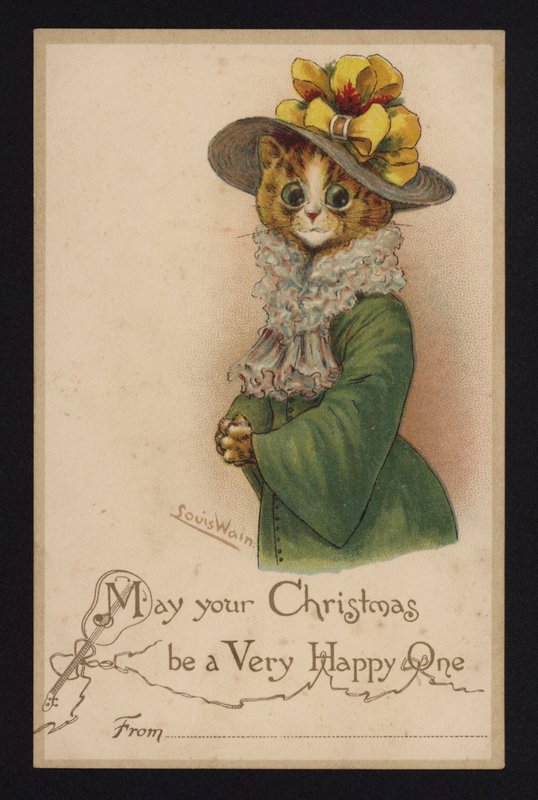 Chat portant un chapeau et un manteau de femme, carte de vœux de Noël - Louis Wain