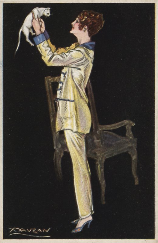 Fille en pyjama tenant un chat blanc - Luciano Achille Mauzan