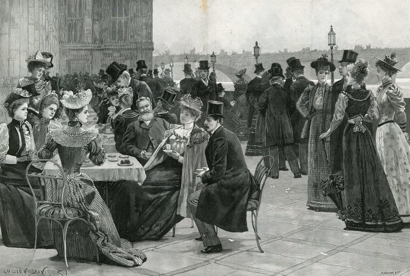 La Chambre des Communes : Thé sur la terrasse (litho) - Lucien Davis