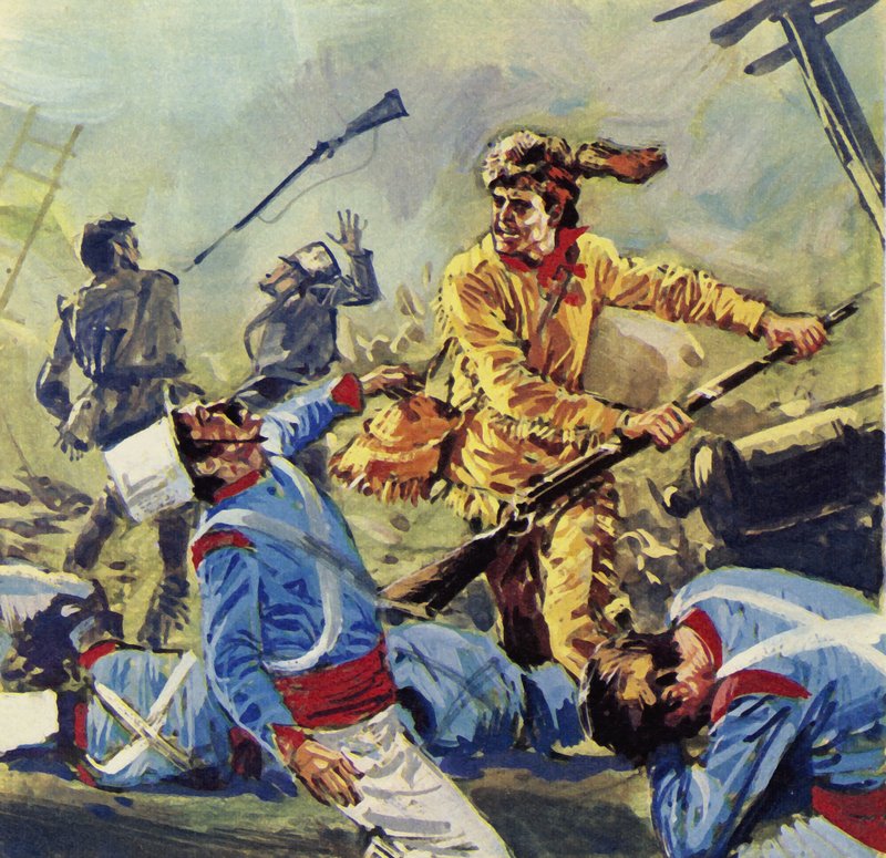 Davy Crockett finit par succomber aux attaques incessantes des Mexicains (lithographie couleur) - Luis Arcas Brauner