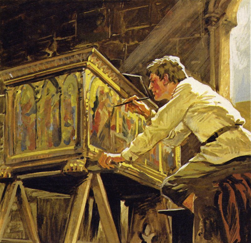 Duccio di Buoninsegna a travaillé à Sienne pour décorer des boîtes (lithographie couleur) - Luis Arcas Brauner